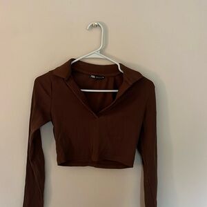 brown long sleeve cropped shirt with v neck and collar
